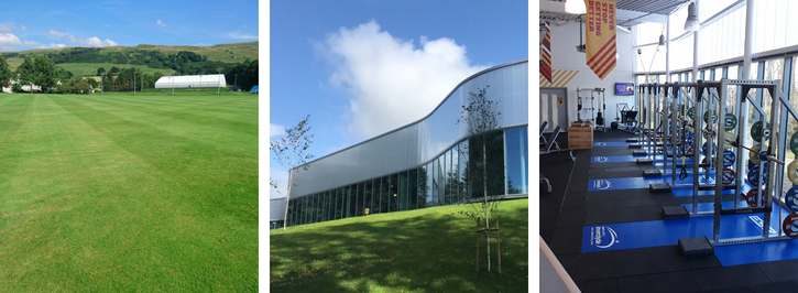 Image showing the grass pitches, centre exterior, and fitness suite at Inverclyde